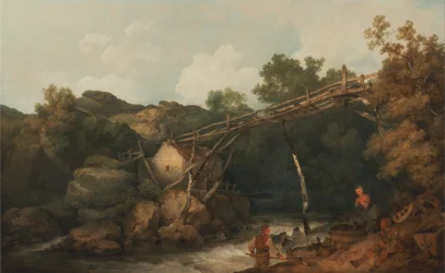 Kilátás a Matlock közelében, Derbyshire -ben, fából készült szállítószalag alatt dolgozó figurákkal